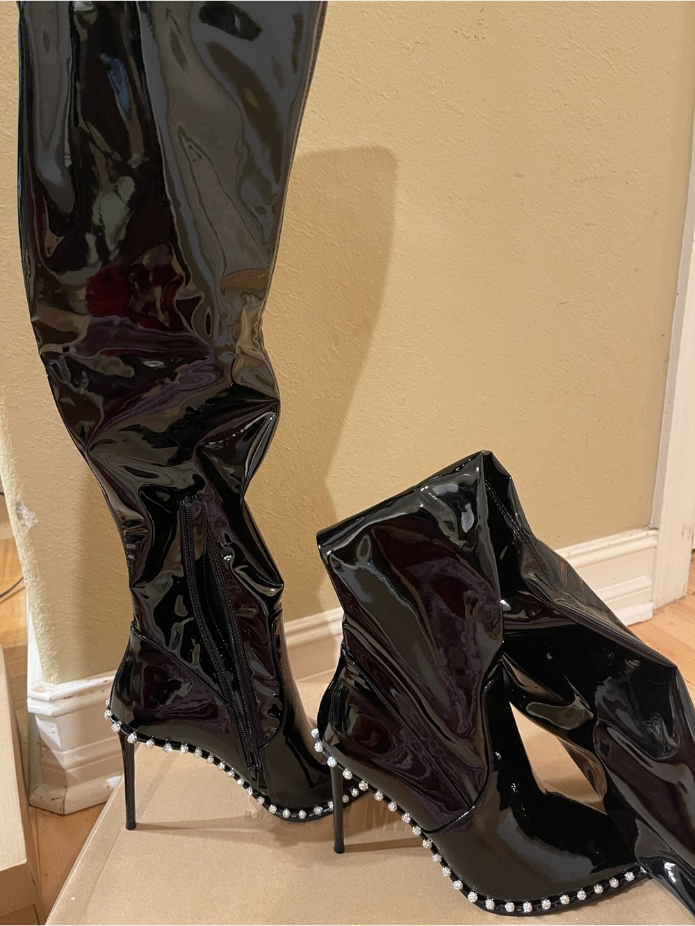 Steve Madden Vyva Black Patent Pearl-Trim Stiletto Thigh-High Boots